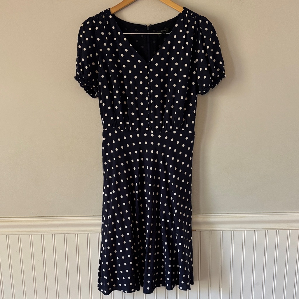J. Crew Dress Navy And White Polka Dot Midi Dress